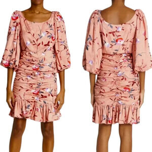 ByTimo Ruched Floral Embroidered Jacquard Dress Balloon Sleeves Coral Size XS